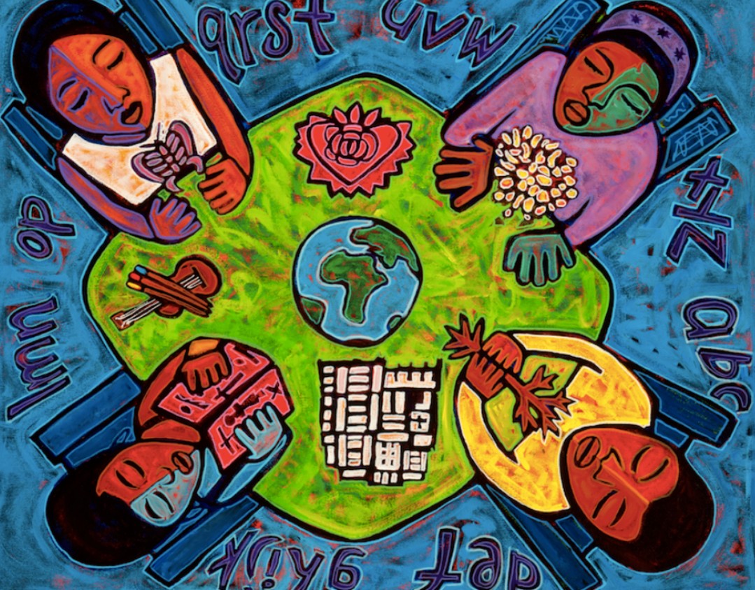 ITOC community artwork: four figures gathered around a table holding a book, flowers, tools and a globe.